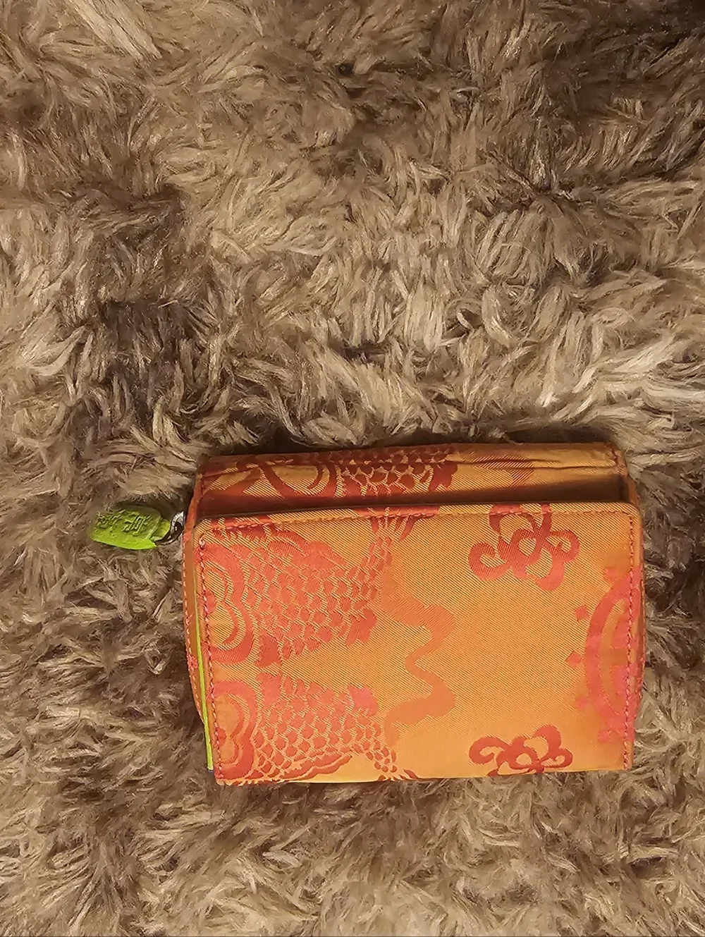 Shanghai Tang Bright Lime & Navy Trifold Wallet with Orange Printed Coin Pouch